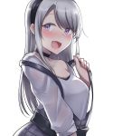  1girl absurdres asymmetrical_bangs bangs black_choker black_dress black_hairband blush choker collarbone dress eyebrows_visible_through_hair grey_hair hairband highres kantai_collection kiritto long_hair looking_at_viewer open_mouth sagiri_(kantai_collection) seductive_smile shirt silver_hair simple_background smile solo suspenders swept_bangs undressing upper_body violet_eyes white_background white_shirt 