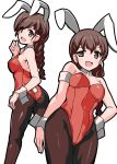  1girl aegis_(nerocc) animal_ears ass black_legwear braid brown_eyes brown_hair bunny_tail bunnysuit closed_eyes commentary detached_collar eyebrows_visible_through_hair fake_animal_ears fake_tail from_behind girls_und_panzer hair_ornament hairclip hand_on_hip highleg highleg_leotard highres leotard long_hair looking_at_viewer looking_back multiple_views open_mouth pantyhose parted_lips rabbit_ears raised_eyebrow red_leotard rukuriri simple_background single_braid smile solo standing tail white_collar wrist_cuffs 