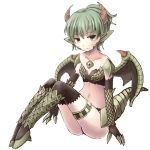  1girl aoiyamagi4 black_gloves black_legwear brown_eyes claws collarbone elbow_gloves feet_together flat_chest gloves green_hair knees_up looking_at_viewer monster_girl original pointy_ears short_hair simple_background sitting solo tail thigh_strap white_background wings 