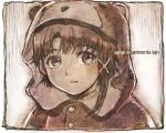  1girl bangs commentary_request copyright_name eyebrows_visible_through_hair hair_between_eyes hat iwakura_lain looking_at_viewer monochrome sakino_shingetsu serial_experiments_lain solo 