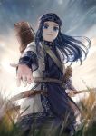  1girl ainu ainu_clothes asirpa bandanna black_hair blue_eyes bow_(weapon) cowboy_shot dagger earrings golden_kamuy grass hoop_earrings jewelry long_hair looking_at_viewer outstretched_hand scabbard sheath signature sky smile solo star_(sky) starry_sky weapon yum_(unlucky) 