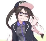  1girl baseball_cap black-framed_eyewear black_hair blue_eyes commentary disco_brando english_commentary glasses grin hat idolmaster idolmaster_shiny_colors long_hair looking_at_viewer mitsumine_yuika ok_sign simple_background smile solo twintails twitter_username underwear white_background 