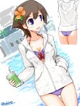  1girl ass bikini brown_eyes brown_hair cowboy_shot drink dutch_angle flipped_hair flower frilled_bikini frills gluteal_fold hair_flower hair_ornament hand_in_pocket hiei_(kantai_collection) hood hooded_jacket hoodie jacket kanoe_soushi kantai_collection looking_to_the_side purple_bikini short_hair solo standing swimsuit swimsuit_under_clothes thigh_gap twitter_username white_jacket 