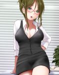  1girl black_vest breasts cleavage cowboy_shot desk eyebrows_visible_through_hair folded_ponytail formal glasses green_eyes green_hair hair_ornament hairclip kozue_akari large_breasts looking_at_viewer mole mole_under_eye office_lady open_mouth original phone planter red-framed_eyewear shirt skirt_suit solo suit vest white_shirt 