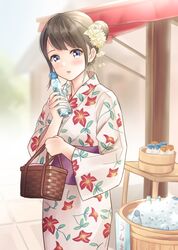  1girl basket blue_eyes blue_sky blurry blurry_background bottle brown_hair commentary_request day depth_of_field glint hair_bun head_tilt holding holding_basket holding_bottle ice ice_cube japanese_clothes kimono looking_at_viewer obi original outdoors parted_lips print_kimono ramune sash side_bun sky solo standing tile_floor tiles white_kimono yukata yukimaru217 