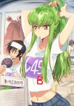  1girl 2boys adjusting_hair arms_up bangs black_hair bottle c.c. closed_eyes code_geass collarbone commentary_request convention creayus eyebrows_visible_through_hair fan fanning from_behind green_hair hair_between_eyes hand_in_hair holding holding_bottle indoors kururugi_suzaku lelouch_lamperouge long_hair mouth_hold multiple_boys navel novel_(object) parted_lips ponytail shirt short_hair short_sleeves sidelocks sitting standing sweatdrop tying_hair upper_body white_shirt yellow_eyes 