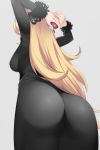  1girl absurdres arms_behind_head arms_up ass backboob black_dress blonde_hair breasts dress from_behind from_below hair_ornament highres hips large_breasts long_sleeves poke_ball pokemon pokemon_(game) pokemon_dppt shanghongyecun shirona_(pokemon) sideboob solo wide_hips 