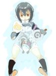  1boy 1girl armband bird black_hair boots commentary_request flying_sweatdrops grape-kun headphones hood hoodie humboldt_penguin_(kemono_friends) japari_symbol kemono_friends konabetate long_sleeves multicolored_hair penguin penguin_tail purple_hair sitting tail white_hair 