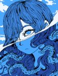  1girl air_bubble artist_name blue blue_eyes blue_sky bubble clouds expressionless face long_hair monochrome omocat original outdoors partially_submerged portrait sky solo tentacle water 