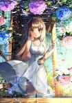  1girl absurdres artist_name bangs blunt_bangs blush brown_eyes brown_hair day dress flower flower_on_water highres hishaku hydrangea long_hair looking_at_viewer onew original petals pouring reflection ripples sky smile solo standing summer sundress water white_dress 