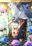  1girl absurdres artist_name bangs blunt_bangs blush brown_eyes brown_hair commentary_request day dress flower flower_on_water highres hishaku hydrangea long_hair looking_at_viewer onew original petals pouring reflection ripples sky smile solo standing summer sundress upside-down water white_dress 