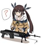  1girl ? anyan_(jooho) battle_rifle brown_hair confused girls_frontline gun hair_ribbon m14 m14_(girls_frontline) mk_14_ebr ribbon rifle school_uniform serafuku solo speech_bubble tripod twintails weapon yellow_eyes 