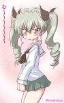  1girl anchovy bangs black_neckwear black_ribbon blouse closed_mouth commentary_request cowboy_shot drill_hair eyebrows_visible_through_hair from_side frown girls_und_panzer green_hair green_skirt hair_ribbon long_hair long_sleeves looking_at_viewer miniskirt nakasawa_kei neckerchief ooarai_school_uniform pink_background pleated_skirt pout red_eyes ribbon school_uniform serafuku skirt skirt_hold solo standing twin_drills twintails twitter_username v-shaped_eyebrows white_blouse 