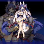  1girl animal_ears azur_lane black_footwear blue_eyes blue_hair breasts cleavage covering_mouth detached_sleeves fan folding_fan full_body hair_ornament highres holding holding_fan jianren jintsuu_(azur_lane) large_breasts long_hair long_sleeves looking_at_viewer obi official_art ponytail ribbon sash skirt smile solo standing tail wide_sleeves zoom_layer 