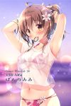  1girl ahoge armpits arms_up bangs bikini bikini_under_clothes blurry blush bokeh breasts brown_eyes brown_hair circle_name comiket_94 commentary_request depth_of_field eyebrows_visible_through_hair flower hair_flower hair_ornament hair_tie hair_tie_in_mouth halterneck looking_at_viewer medium_breasts mouth_hold navel no_pants original pan_(mimi) ponytail red_bikini see-through shirt short_sleeves solo sparkle sweat swimsuit tying_hair white_flower 