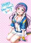  1girl 2017 :d bangs bikini_top breasts cardigan ckst cleavage collarbone fingerless_gloves gloves green_eyes hair_between_eyes happy_new_year highres kneeling long_hair love_live! love_live!_school_idol_festival medium_breasts new_year open_cardigan open_clothes open_mouth parted_bangs partially_unzipped pink_background polka_dot polka_dot_background purple_hair ribbon shiny shiny_skin short_shorts shorts smile solo toujou_nozomi very_long_hair whistle white_ribbon white_shorts 