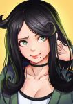  1girl black_hair choker close-up closed_mouth collarbone commission face green_eyes lips long_hair looking_to_the_side magion02 mole mole_under_mouth original portrait smile solo yellow_background 