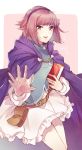  1girl blush cape cosplay fire_emblem fire_emblem:_rekka_no_ken fire_emblem_heroes fire_emblem_if hairband highres looking_at_viewer nino_(fire_emblem) open_mouth purple_hairband redhead sakura_(fire_emblem_if) short_hair skirt smile solo 