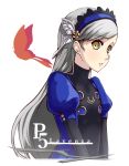  1girl 315-usagi blue_hairband butterfly_hair_ornament character_name copyright_name hair_ornament hairband highres lavenza long_hair looking_at_viewer parted_lips persona persona_5 short_sleeves silver_hair simple_background solo upper_body very_long_hair white_background yellow_eyes 