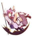  1girl bow dress eiyuu_densetsu frills hair_bow holding holding_scythe looking_at_viewer purple_hair renne ribbon scythe shikei shoes short_hair smile solo sora_no_kiseki yellow_eyes 