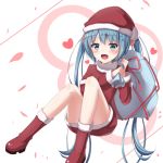  1girl :d akira_(been0328) bag blue_eyes blue_hair blush boots dress eyebrows_visible_through_hair fur_trim gift_bag hair_between_eyes hair_ornament hat hatsune_miku heart holding holding_bag long_hair open_mouth red_dress red_footwear red_hat santa_boots santa_costume santa_hat short_dress smile solo twintails very_long_hair vocaloid white_background 