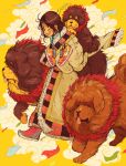  1girl animal blush brown_hair carrying chinese_zodiac closed_eyes crisalys dog fur_trim highres long_hair new_year nike open_mouth original piggyback shoes shoes_removed smile smoke sneakers solo tibetan_mastiff tongue walking year_of_the_dog yellow_background 