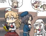  3girls alcohol anchor_symbol ascot ashigara_(kantai_collection) bare_shoulders beret black_gloves blonde_hair bottle braid commentary_request corset dated flat_cap flying_sweatdrops french_braid gloves grey_hair hair_ornament hammer_and_sickle hamu_koutarou hat hibiki_(kantai_collection) hibiki_(whisky) imagining jun&#039;you_(kantai_collection) kantai_collection long_hair military military_uniform mini_hat multiple_girls object_namesake pola_(kantai_collection) sake sake_bottle shelf silver_hair smirnoff_(vodka) star star_hair_ornament sweat takao_(kantai_collection) uniform verniy_(kantai_collection) vodka wavy_hair wine wine_bottle zara_(kantai_collection) 