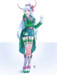  1girl alternate_costume blue_hair boots bow breasts cross-laced_footwear david_hrusa ex-keine formal gloves hair_bow hair_bun high_heel_boots high_heels horns kamishirasawa_keine lace-up_boots looking_to_the_side necktie pencil_skirt shoe_bow shoes skirt suit sukusuku_hakutaku thigh-highs touhou white_footwear 