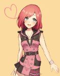  1girl :d asymmetrical_clothes belt belt_buckle black_belt blue_eyes blush bracelet buckle buttons cowboy_shot dress head_tilt heart highres hood hood_down jewelry kairi_(kingdom_hearts) kingdom_hearts kingdom_hearts_iii mizu_ramen necklace open_mouth pink_dress pleated_dress redhead short_hair sleeveless sleeveless_dress smile solo unzipped yellow_background zipper 