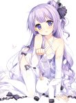  1girl all_fours azur_lane bangs blush detached_sleeves dress long_hair looking_at_viewer purple_hair sample solo stuffed_unicorn thigh-highs unicorn_(azur_lane) verjuice very_long_hair violet_eyes wavy_hair white_background white_dress white_legwear 