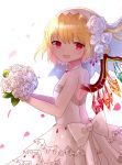  1girl :d alternate_costume bangs blonde_hair bouquet bow breasts bridal_veil bride cowboy_shot dress eyebrows_visible_through_hair flandre_scarlet flower frilled_skirt frills from_side glint hair_between_eyes hair_flower hair_ornament holding holding_bouquet jewelry layered_skirt looking_at_viewer necklace open_mouth pearl petals red_eyes rose sakipsakip short_hair side_ponytail simple_background skirt sleeveless sleeveless_dress small_breasts smile solo strapless strapless_dress touhou veil wedding_dress white_background white_bow white_dress white_flower white_rose wings 