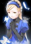 1girl absurdres bangs black_background black_gloves blonde_hair blue_hairband butterfly_hair_ornament elbow_gloves gloves hair_ornament hairband hands_clasped highres lavenza long_hair own_hands_together parted_bangs parted_lips persona persona_5 short_sleeves solo tears upper_body very_long_hair yellow_eyes yft000 