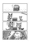 3girls animal_ears anteater_ears black-backed_jackal_(kemono_friends) black_hair blonde_hair bow bowtie caracal_(kemono_friends) caracal_ears caracal_tail comic elbow_gloves eyebrows_visible_through_hair fang gloves greyscale hair_bow high-waist_skirt highres in_container jackal_ears jackal_tail kemono_friends kotobuki_(tiny_life) light_brown_hair long_hair long_sleeves monochrome multicolored_hair multiple_girls pleated_skirt short_hair sidelocks silky_anteater_(kemono_friends) skirt sleeping sleeveless tail translation_request vest white_hair zzz