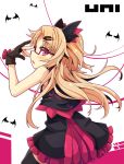  1girl adjusting_eyewear akatsuki_yuni arm_up bangs bare_shoulders bat_wings black_gloves black_legwear black_shirt black_wings blonde_hair blush bow commentary_request eyebrows_visible_through_hair glasses gloves hair_ornament hairclip long_hair looking_at_viewer looking_back ogami_kazuki parted_bangs partly_fingerless_gloves pleated_skirt profile red-framed_eyewear red_bow red_skirt semi-rimless_eyewear shirt skirt sleeveless sleeveless_shirt solo thigh-highs two_side_up under-rim_eyewear uni_channel very_long_hair violet_eyes virtual_youtuber wings 