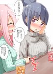  1koma 2girls :d aikawa_ryou aqua_sweater bangs blue_hair blush breast_poke breasts closed_eyes comic commentary_request couple cup drink drinking_glass drunk grey_sweater hair_bun highres ice ice_cube kagamihara_nadeshiko long_hair medium_breasts multiple_girls older open_mouth pink_hair poking profile shima_rin short_hair sidelocks simple_background smile speech_bubble sweater table translated turtleneck turtleneck_sweater upper_body violet_eyes white_background yuri yurucamp 