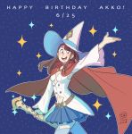  1girl brown_eyes brown_hair cape commentary_request english happy_birthday hat kagari_atsuko little_witch_academia signature sky solo staff star_(sky) starry_sky ticcy witch_hat 