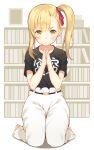  1girl :/ anzu_(hinamatsuri) barefoot belt black_shirt blonde_hair closed_mouth clothes_writing full_body furrowed_eyebrows hair_ribbon highres hinamatsuri_(manga) kazuzu kneeling looking_at_viewer own_hands_together pants red_ribbon ribbon shirt short_sleeves side_ponytail solo tears thick_eyebrows white_background white_pants yellow_eyes 