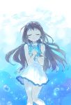  1girl blue_eyes brown_hair bubble closed_eyes closed_mouth commentary dress furorida hands_clasped hands_on_own_chest hands_together long_hair mukaido_manaka nagi_no_asukara own_hands_together sailor_dress school_uniform scrunchie serafuku solo submerged underwater water wrist_scrunchie 