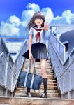  1girl ^_^ bag bangs black_footwear black_legwear chikuwa_(odennabe) closed_eyes commentary_request day holding holding_bag kneehighs long_hair neckerchief open_mouth original outdoors outstretched_hand pedestrian_bridge pleated_skirt radio_antenna railing red_neckwear school_bag school_uniform serafuku shoes short_sleeves skirt smile solo stairs standing 