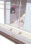  1girl animal balcony bed bird bird_request black_hair brown_eyes cellphone curtains from_outside holding holding_phone jitome mattaku_mousuke medium_hair on_floor original pants phone shade shirt short_sleeves sitting sitting_on_floor sliding_doors smartphone solo striped striped_pants 