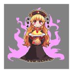  1girl aura black_hat blonde_hair chinese_clothes food hat heart junko_(touhou) kumamoto_(bbtonhk2) long_hair looking_at_viewer lowres neck_ribbon omurice pixel_art ribbon smile solo tabard tassel touhou 