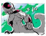  1boy annoyed clenched_hand cowboy_shot dirty dragon_ball dragonball_z frieza green_background kokusoji looking_away male_focus number one_eye_closed red_eyes simple_background tail teeth upper_body white_background 