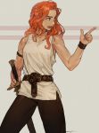  1girl bare_shoulders belt character_request commentary copyright_request cowboy_shot grey_eyes hand_on_sword looking_to_the_side na_in-sung nose_scar open_mouth pointing redhead scar sheath sheathed shirt simple_background solo toned wavy_hair white_shirt wristband 