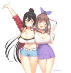  2girls :d :o ^_^ arm_up bangs belt belt_buckle black_hair blue_shorts blush breasts brown_hair buckle cleavage closed_eyes collarbone cowboy_shot crop_top cutoffs earrings eyebrows_visible_through_hair hair_between_eyes hair_ribbon hand_on_another&#039;s_shoulder heart high-waist_skirt high_ponytail highres idolmaster idolmaster_shiny_colors jewelry large_breasts melomelo_d miniskirt multiple_girls navel open_mouth plaid plaid_skirt purple_ribbon ribbon shirase_sakuya shirt shorts side-by-side simple_background skirt sleeves_past_elbows smile tank_top teeth tsukioka_kogane twitter_username v white_background white_belt white_shirt 