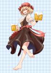  1girl :d aki_minoriko alcohol alternate_costume apron bare_legs bare_shoulders barefoot beer beer_mug black_dress blonde_hair blue_background breasts cup dirndl dress dual_wielding feet from_behind full_body german_clothes hair_between_eyes hat holding holding_cup looking_at_viewer looking_back medium_breasts mob_cap open_mouth plaid plaid_background red_eyes red_hat sash short_hair shunichi smile soles solo toes touhou twisted_torso underbust waist_apron wrist_cuffs 