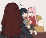  1boy 2girls bangs black_hair black_legwear blue_eyes boots brown_hair commentary couch couple darling_in_the_franxx eyebrows_visible_through_hair green_eyes hair_ornament hairband hand_on_another&#039;s_shoulder hetero highres hiro_(darling_in_the_franxx) horns k_016002 long_hair long_sleeves looking_at_another military military_uniform multiple_girls nana_(darling_in_the_franxx) necktie oni_horns orange_neckwear pantyhose pillow pink_hair red_horns red_neckwear short_hair sitting socks sweatdrop uniform white_footwear white_hairband zero_two_(darling_in_the_franxx) 