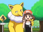  1girl animal_ears arm_around_back backpack bag brown_eyes brown_hair collarbone female_protagonist_(pokemon_lgpe) grass hat height_difference hypno long_nose open_mouth pokemon pokemon_(game) road_sign sign smile sweatdrop takamametoraika translated tree v white_fur yellow_skin 