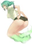  1girl ass blush breasts buruma commentary_request ghost_tail green_eyes green_hair gym_uniform large_breasts profile puffy_short_sleeves puffy_sleeves short_sleeves sketch soga_no_tojiko solo terrajin thick_thighs thighs touhou white_background 