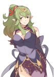  1girl ai-wa arms_behind_back bare_shoulders breasts chiki cleavage closed_mouth cosplay dress elbow_gloves fire_emblem fire_emblem:_kakusei fire_emblem:_mystery_of_the_emblem fire_emblem:_rekka_no_ken fire_emblem_heroes gloves green_eyes green_hair highres long_hair mamkute pointy_ears ponytail side_slit simple_background smile solo tiara ursula_(fire_emblem) ursula_(fire_emblem)_(cosplay) white_background 