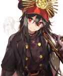  1boy 1girl black_hair chibi coat fate/grand_order fate_(series) gun hat long_hair military_hat namie-kun oda_nobukatsu_(fate/grand_order) oda_nobunaga_(fate) oda_uri over_shoulder red_eyes rifle smile weapon weapon_over_shoulder 